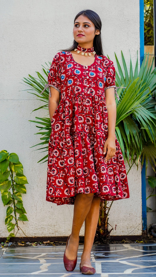 Shop Bagh print red floral tiered dress online at bebaakstudio.com