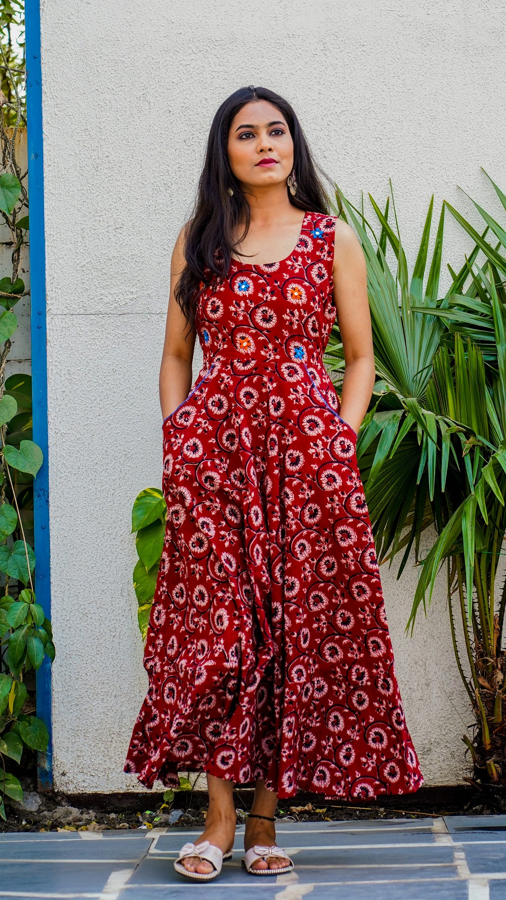 Shop Bagh print Flared red maxi dress online at bebaakstudio.com