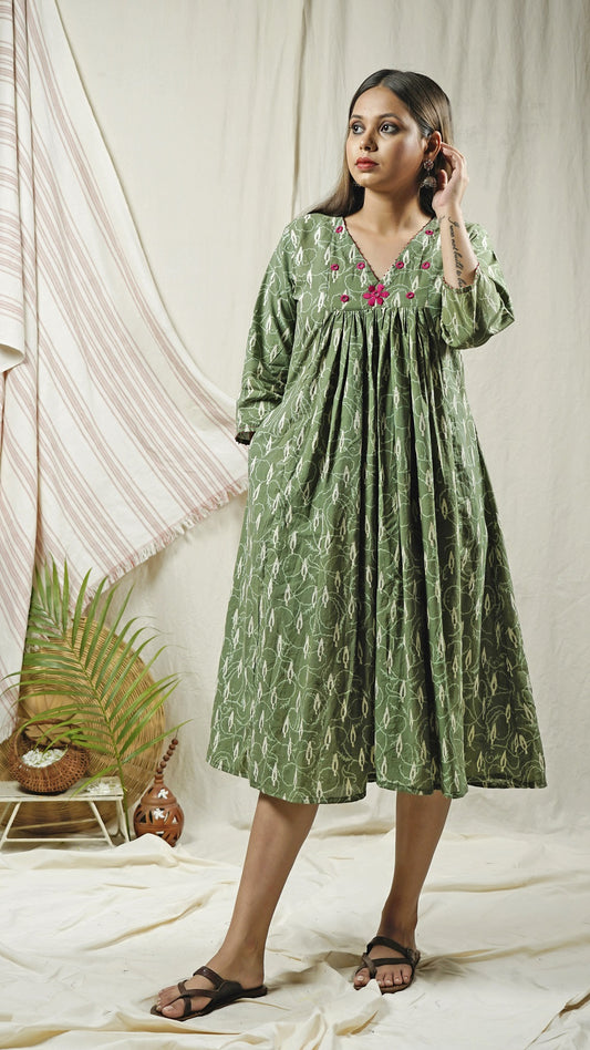 Green block print flowy embroidered dress online at bebaakstudio.com