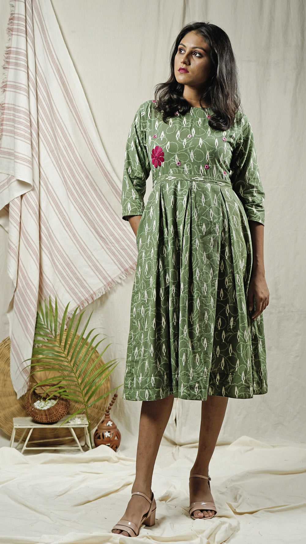 Shop pleat dress: Green block print dress online at bebaakstudio.com