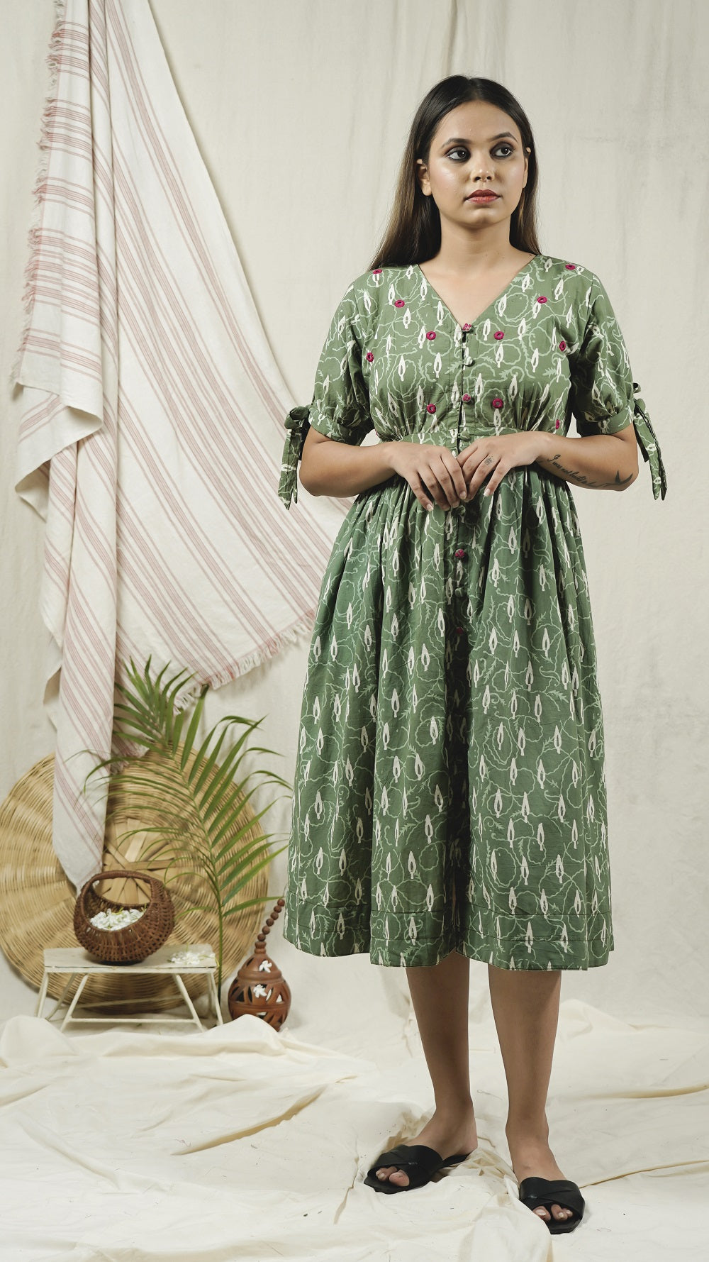 Green block print button down dress online at bebaakstudio.com