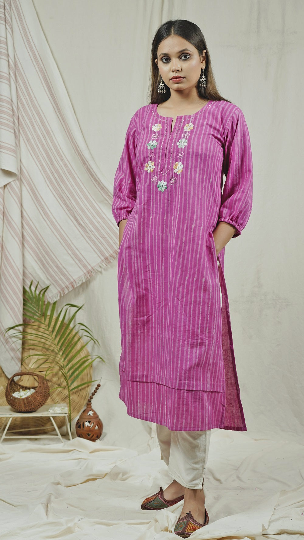 pink block print anti fit tunic set online at bebaakstudio.com