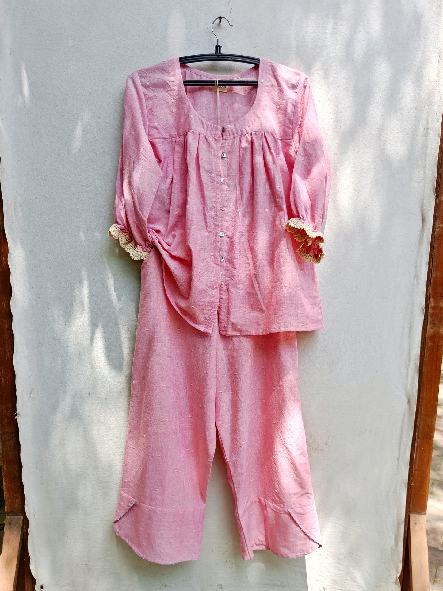 Salmon pink crochet detailed cotton co-ord