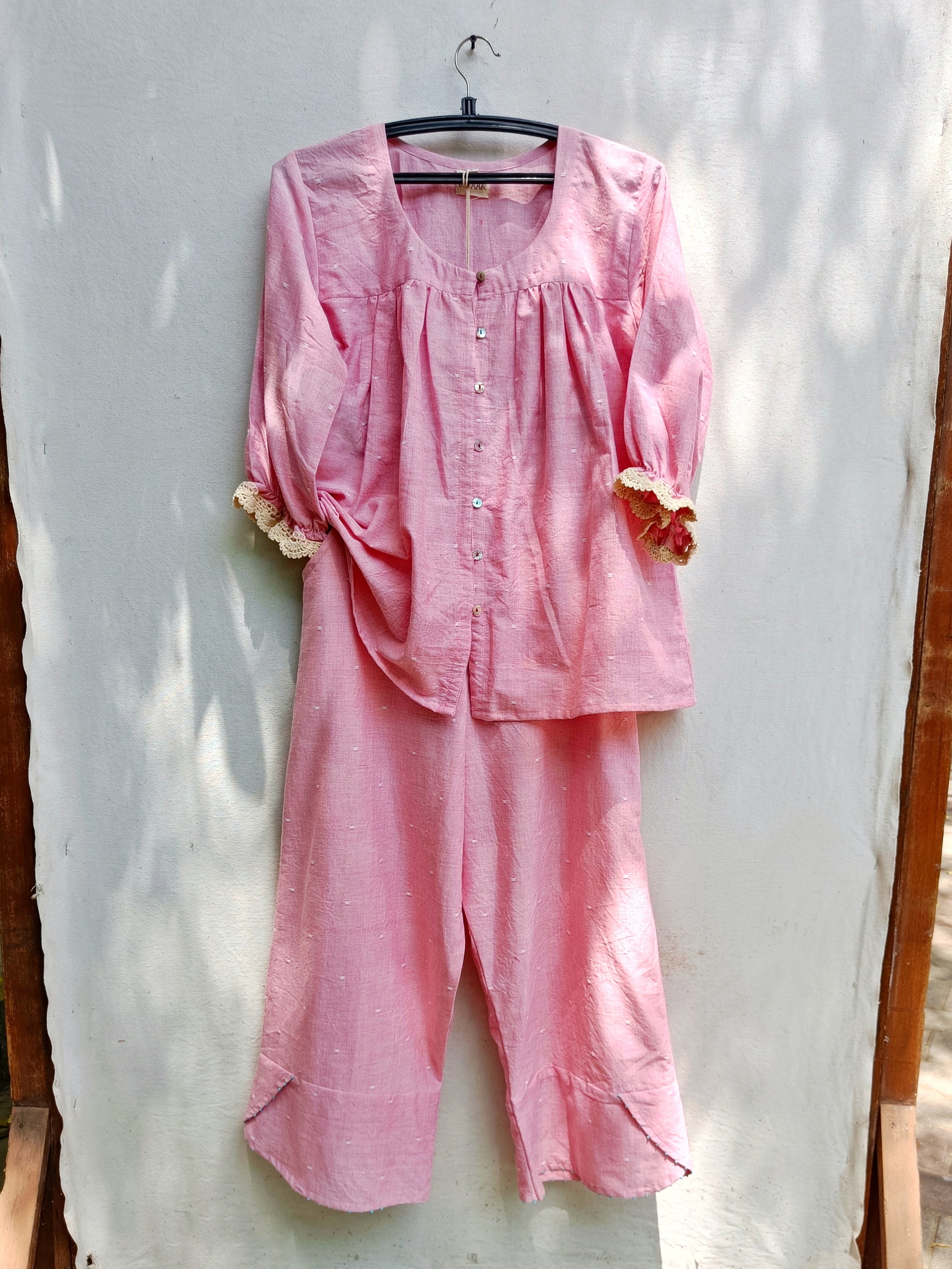 Salmon pink crochet detailed cotton co-ord