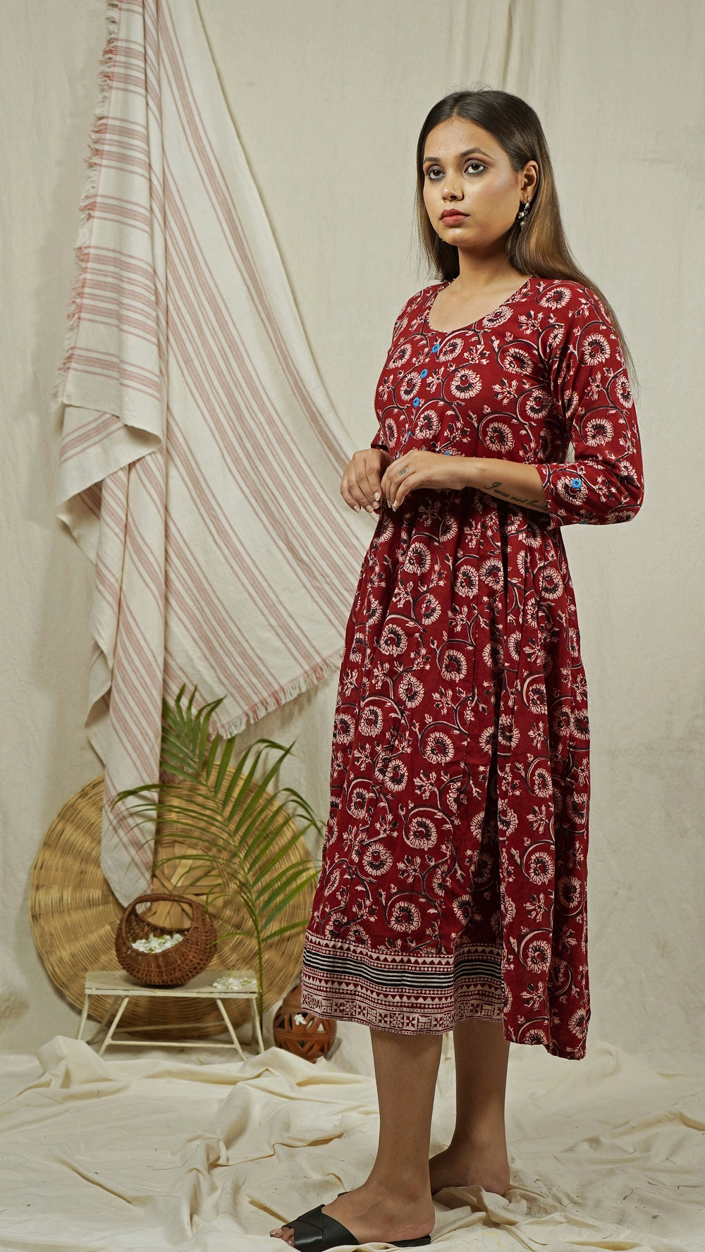 Shop Red floral Bagh print flared dress set online at bebaakstudio.com