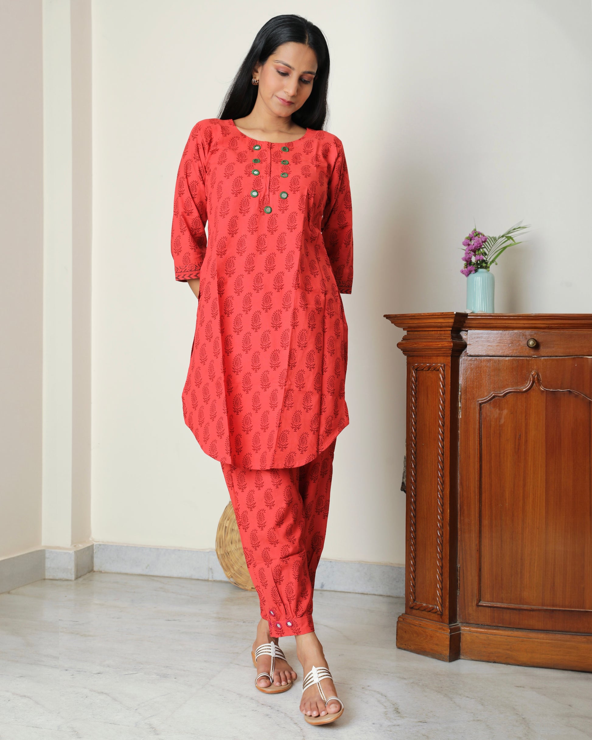 Red Bagh hand block print cotton kurta set