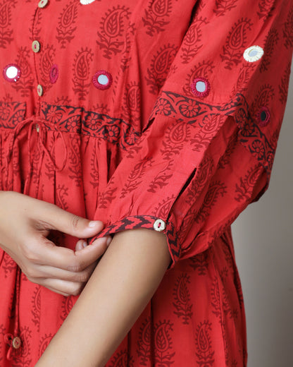 Red bagh print cotton maxi dress online at bebaakstudio.com