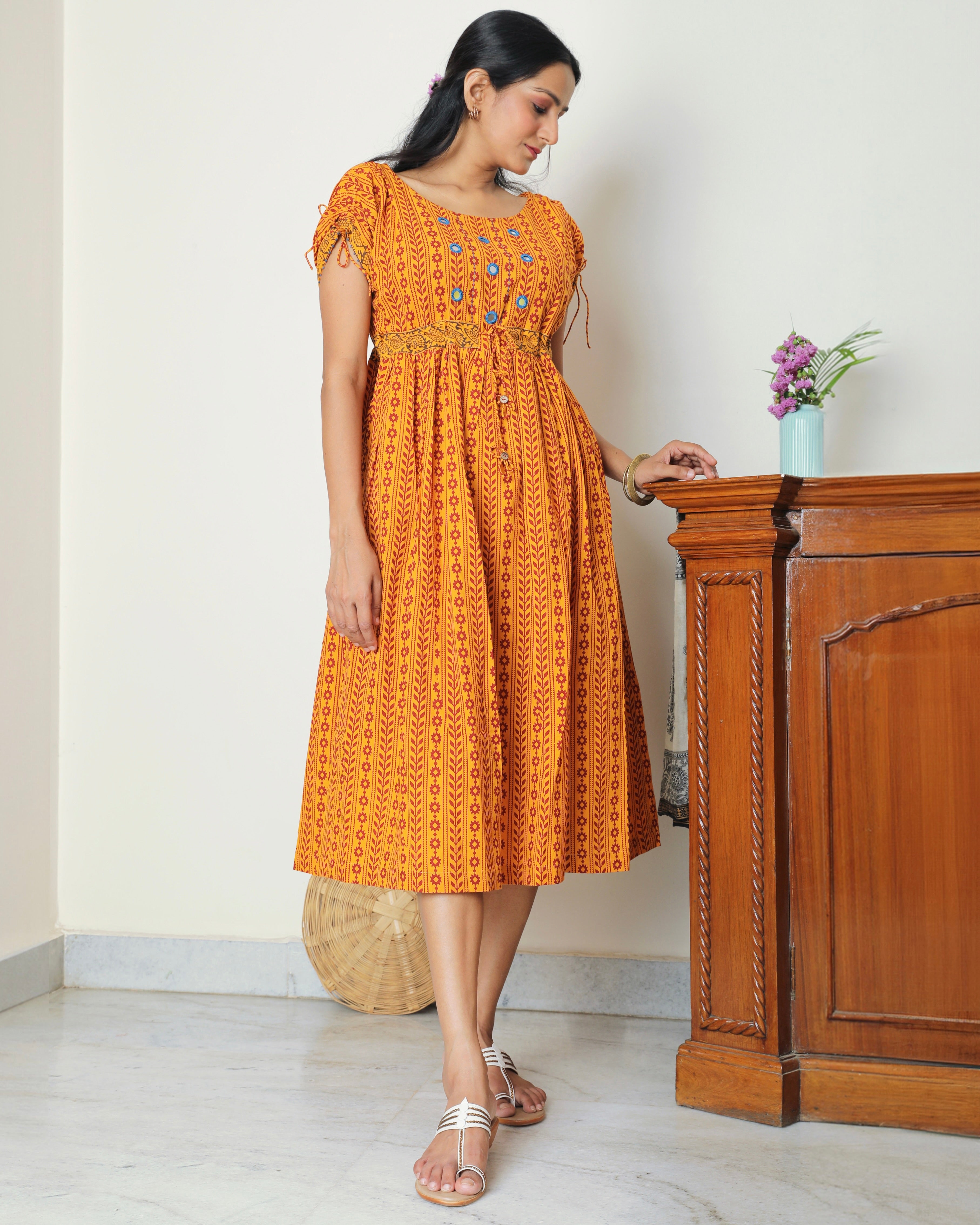 Yellow Bagh print midi dress from Bebaak