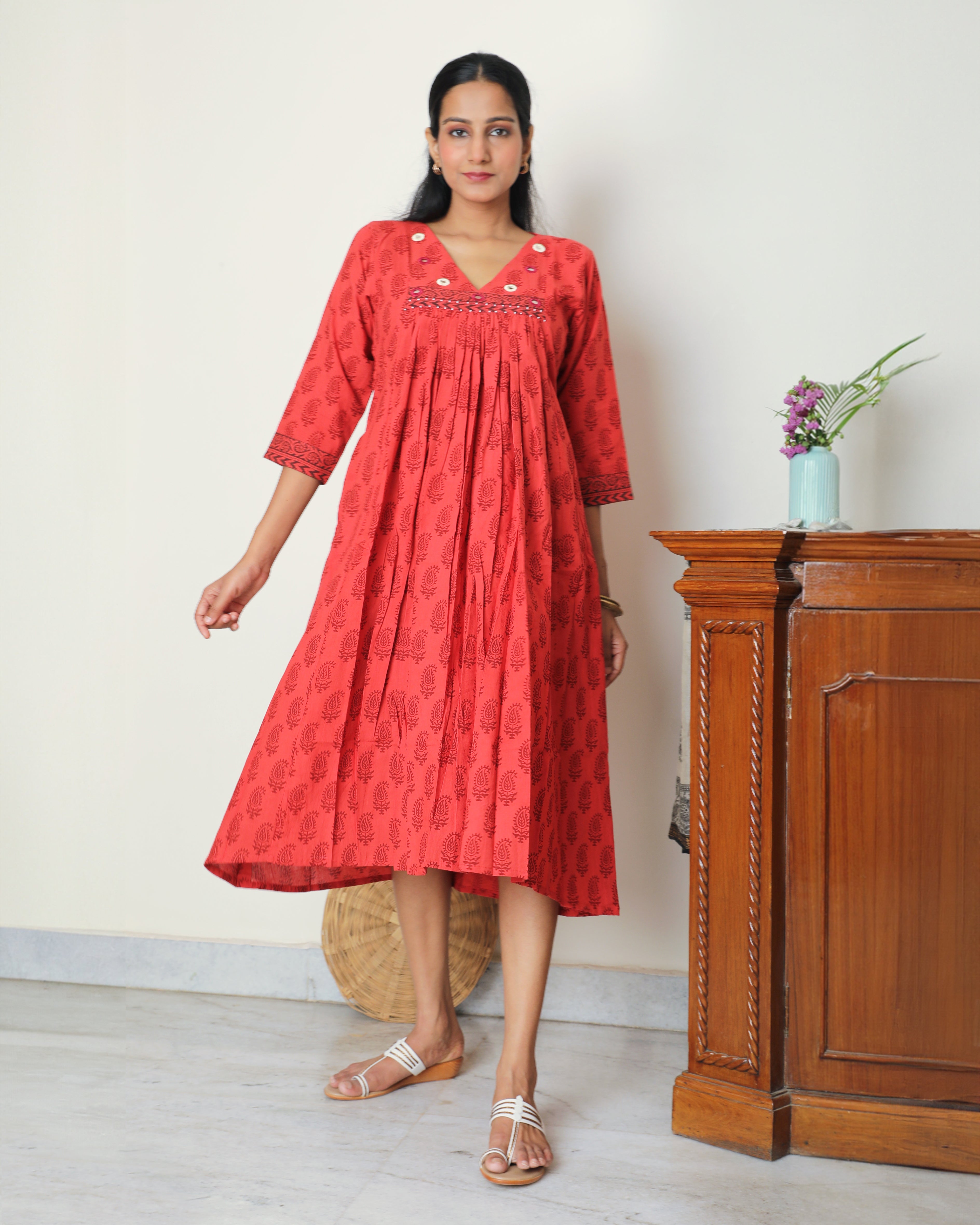 Red gathered bagh block print dress online at bebaakstudio.com