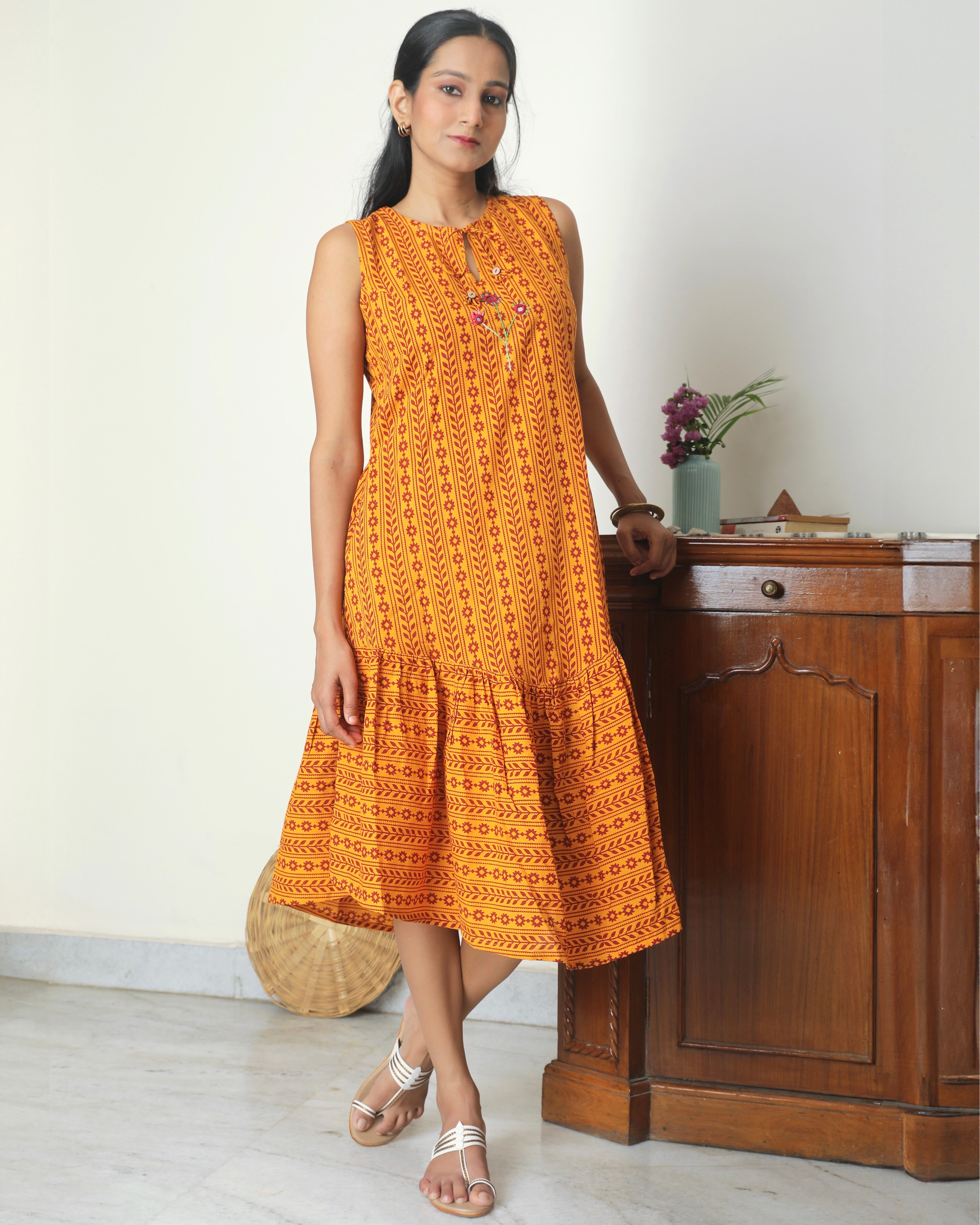 Yellow Bagh print A line dress from Bebaak