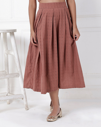 Brown box pleat cotton skirt online available at bebaakstudio.com 