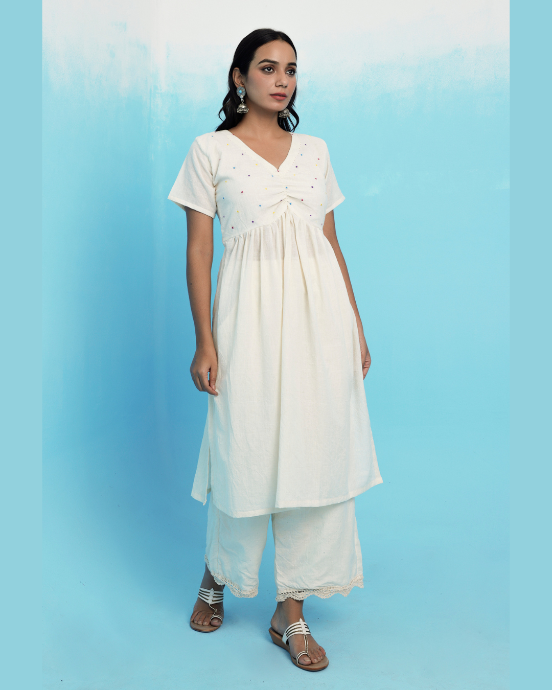 Ecru muslin cotton embroidered kurta set online at bebaakstudio.com