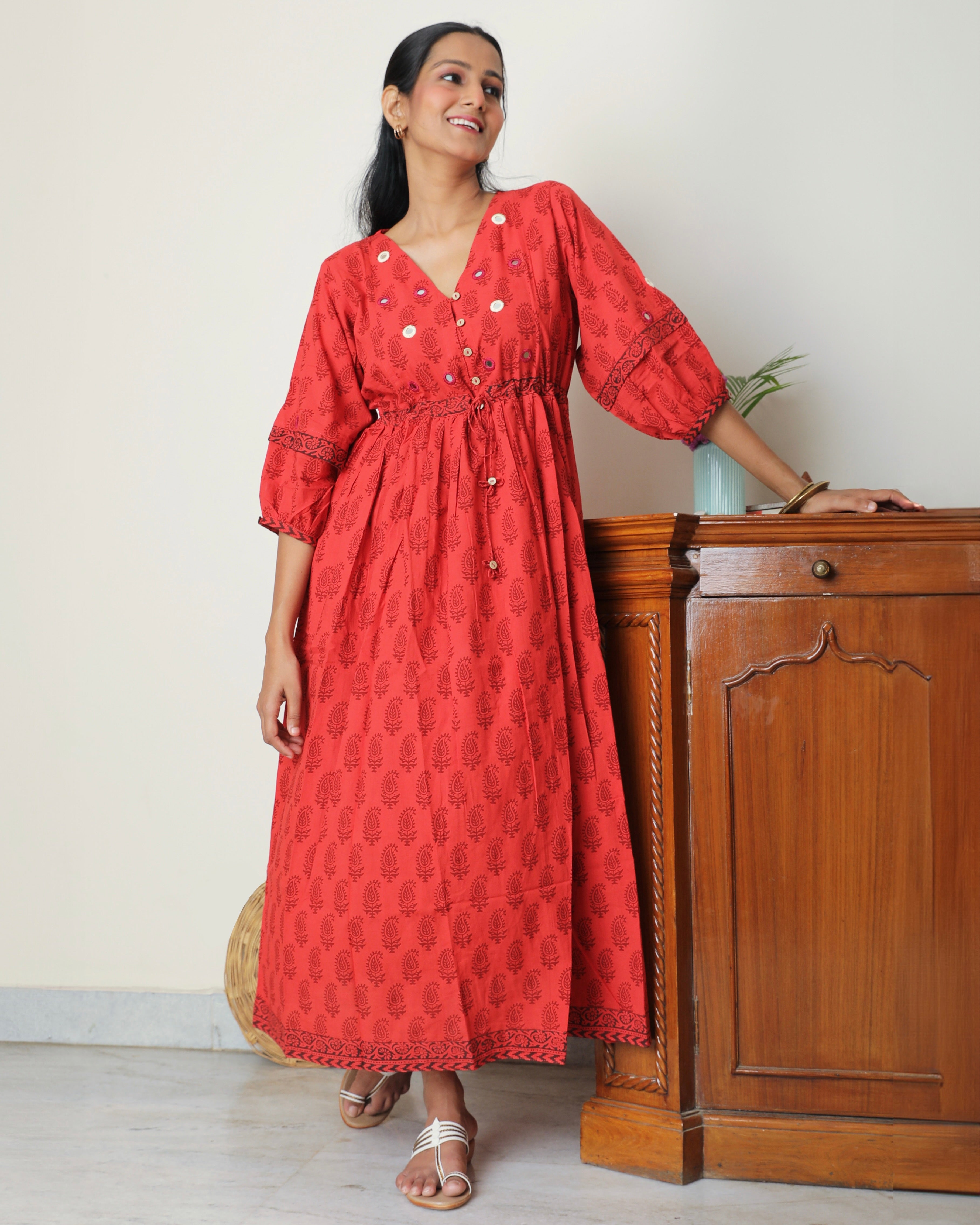 Red bagh print cotton maxi dress online at bebaakstudio.com