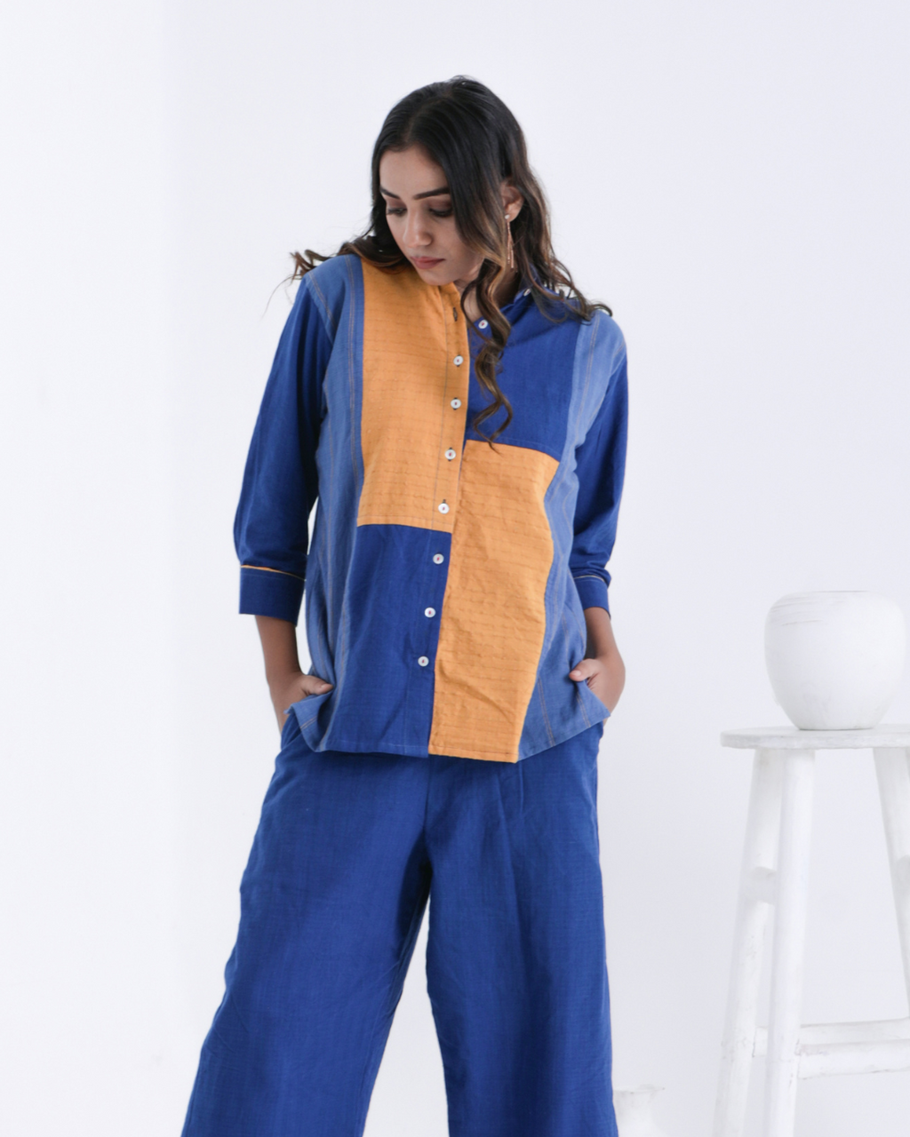 Blue color block shirt
