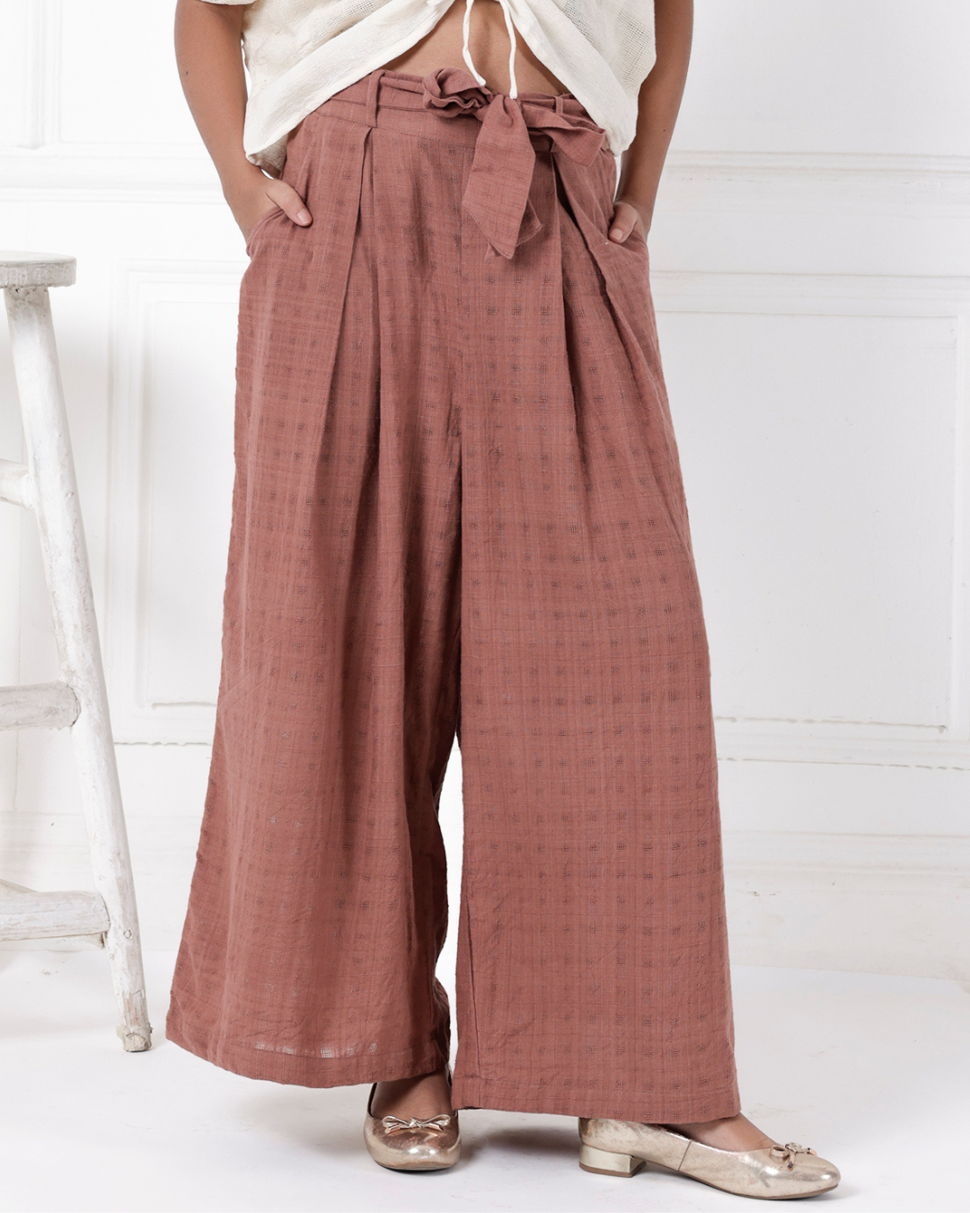 Brown wide leg palazzo online available at bebaakstudio.com 