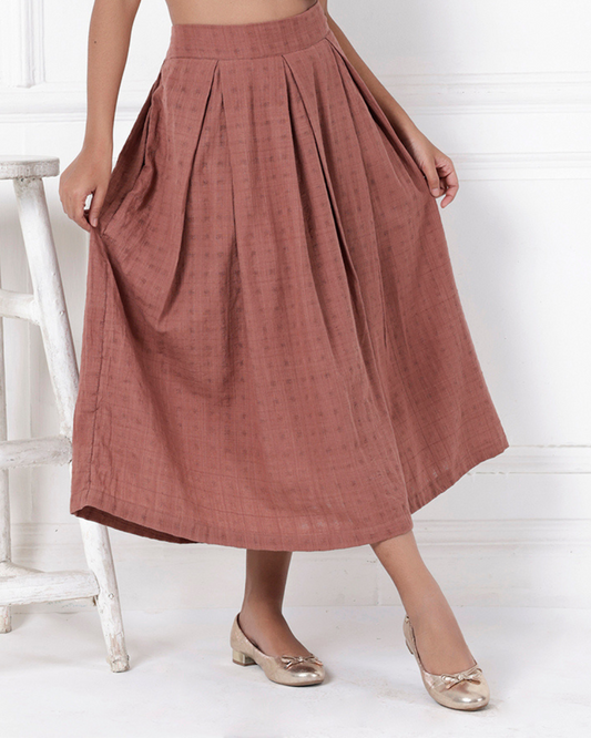 Brown box pleat cotton skirt online available at bebaakstudio.com 