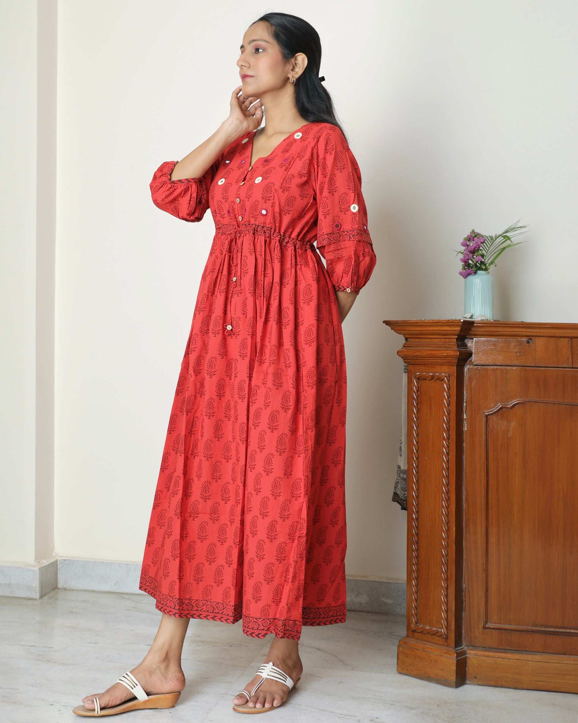 Red bagh print cotton maxi dress online at bebaakstudio.com