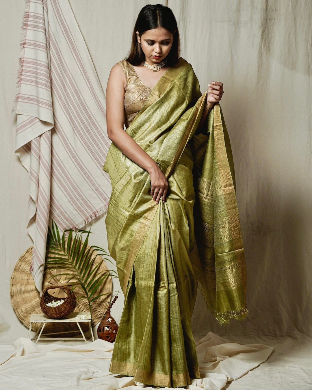Shop silk saree: Green pure kosa silk saree online at bebaakstudio.com