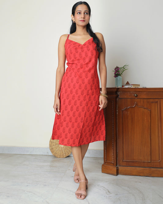 Red bagh block print casual dress online at bebaakstudio.com