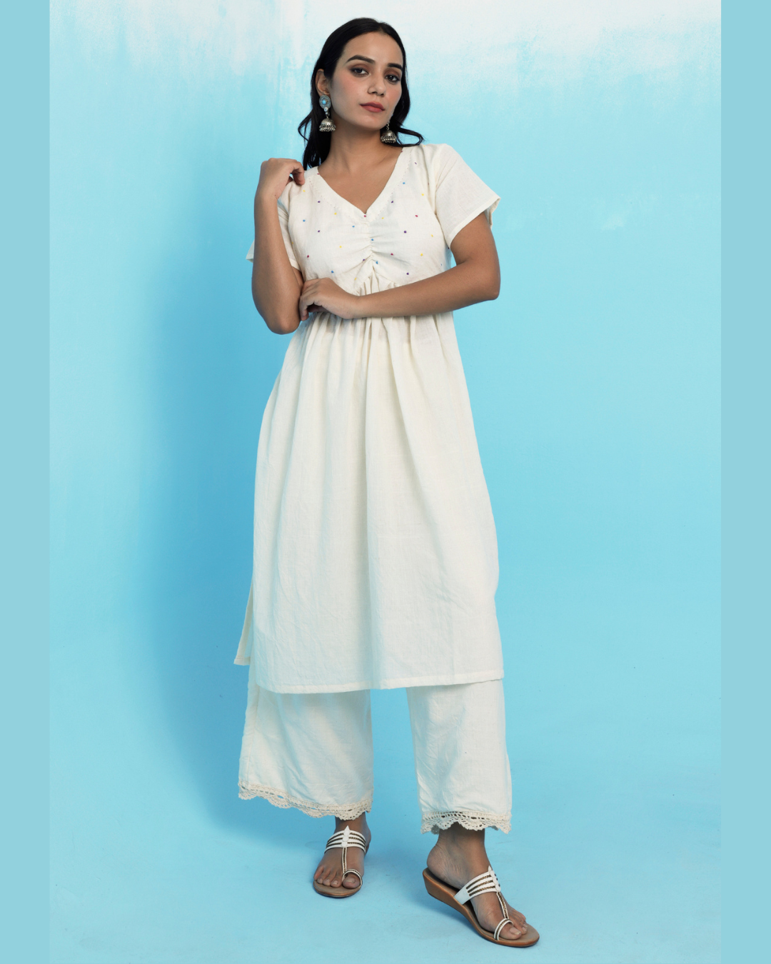 Ecru muslin cotton embroidered kurta set online at bebaakstudio.com