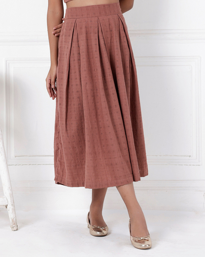 Brown box pleat cotton skirt online available at bebaakstudio.com 