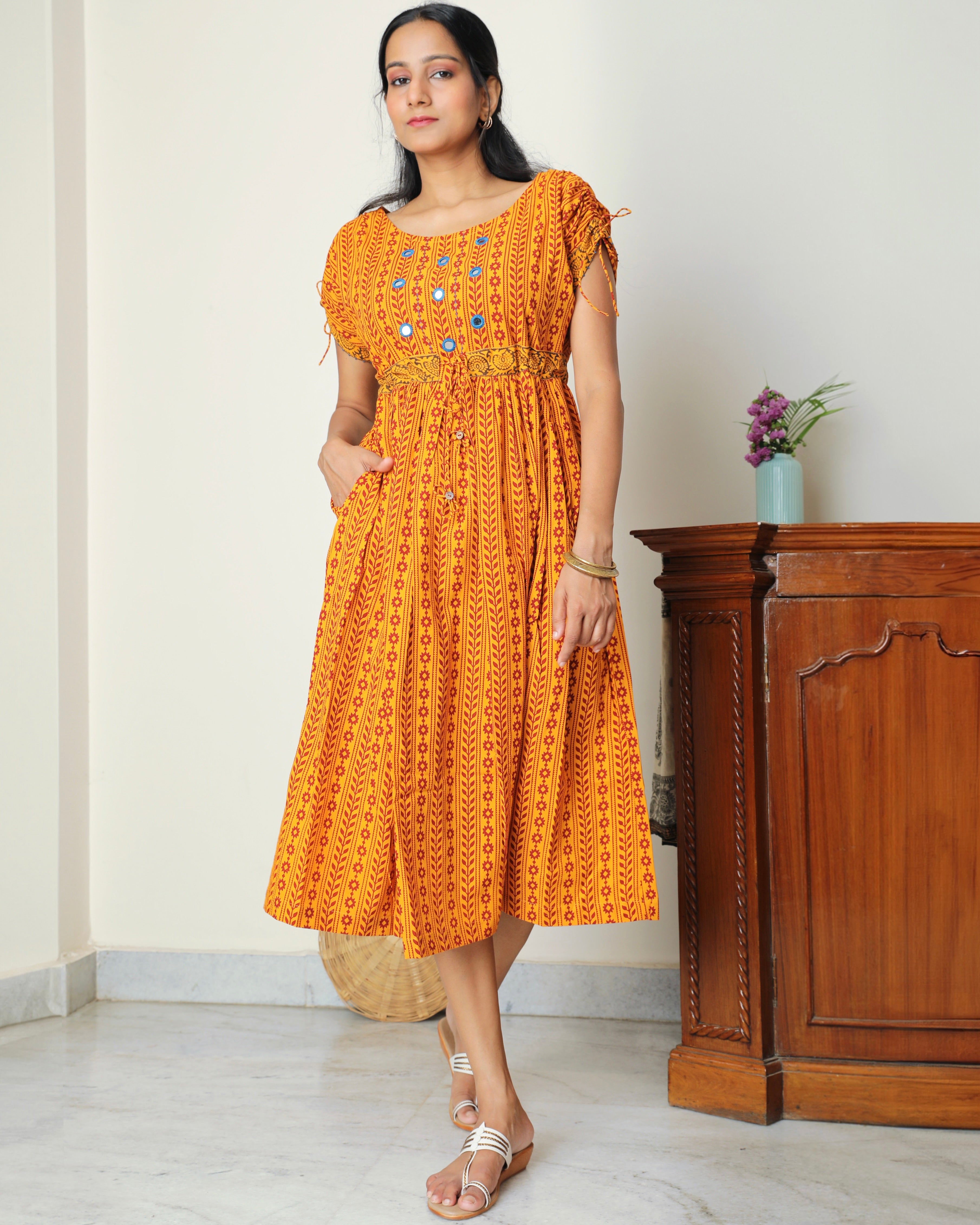 Yellow Bagh print midi dress from Bebaak