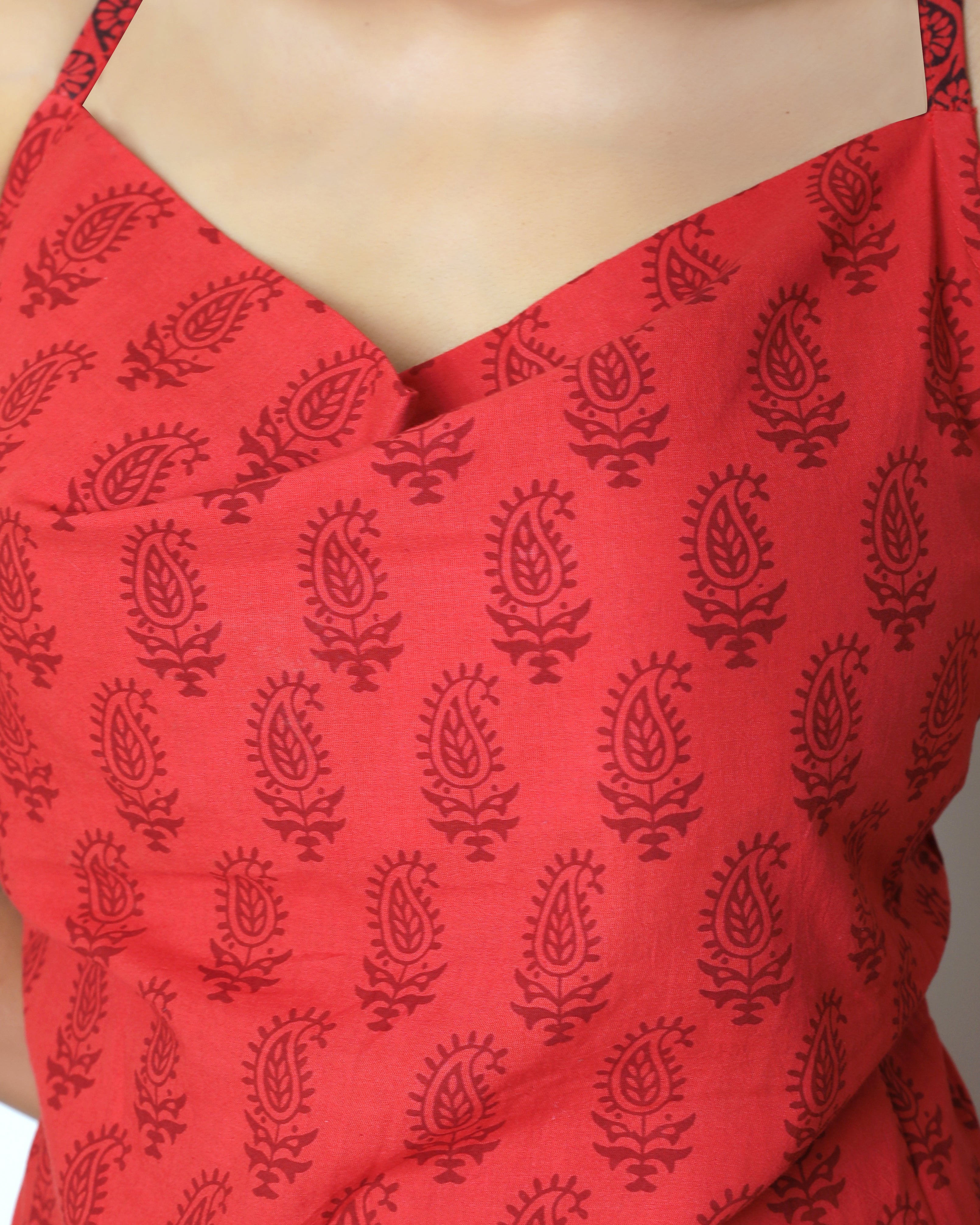 Red bagh block print casual dress online at bebaakstudio.com