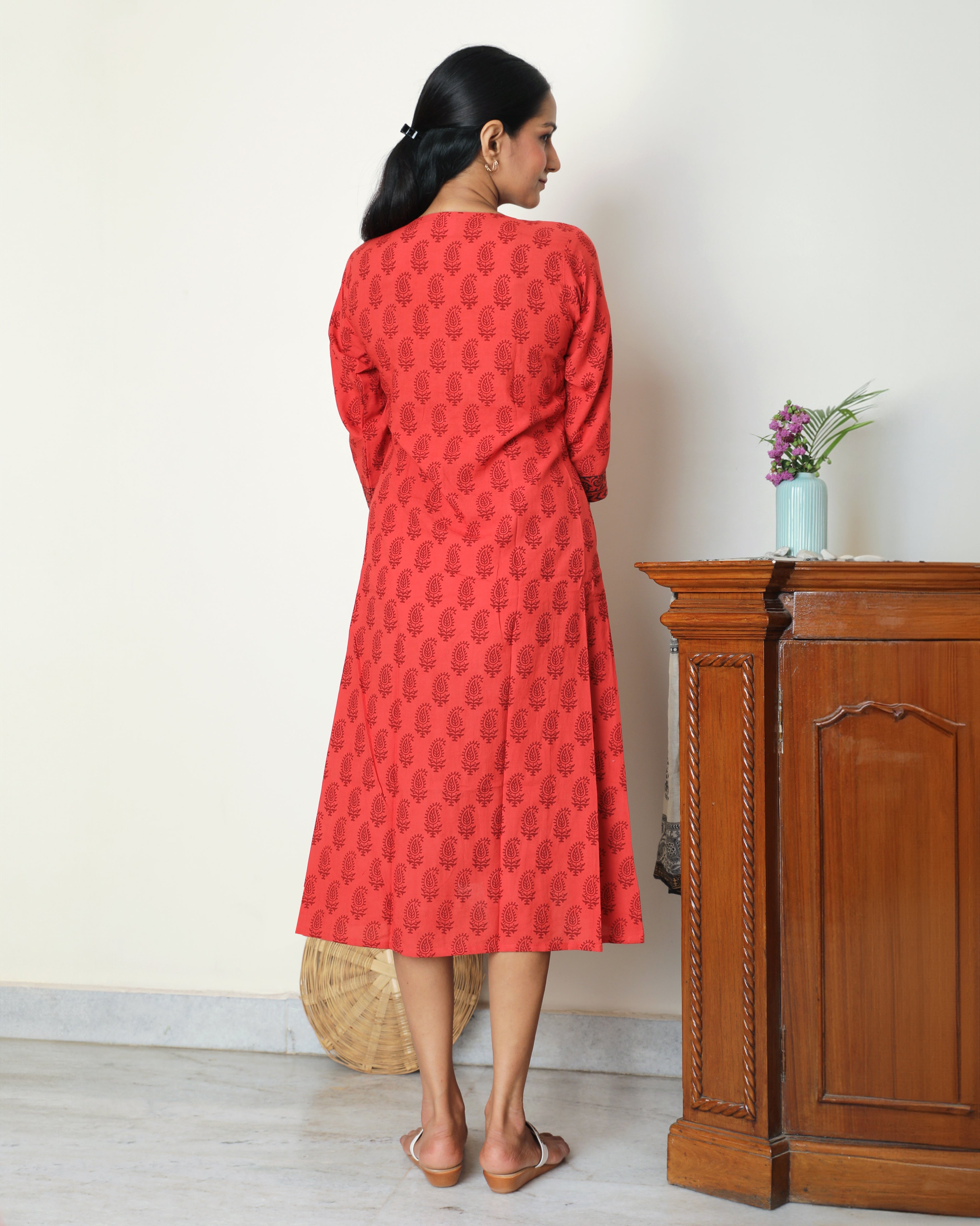 Red gathered bagh block print dress online at bebaakstudio.com