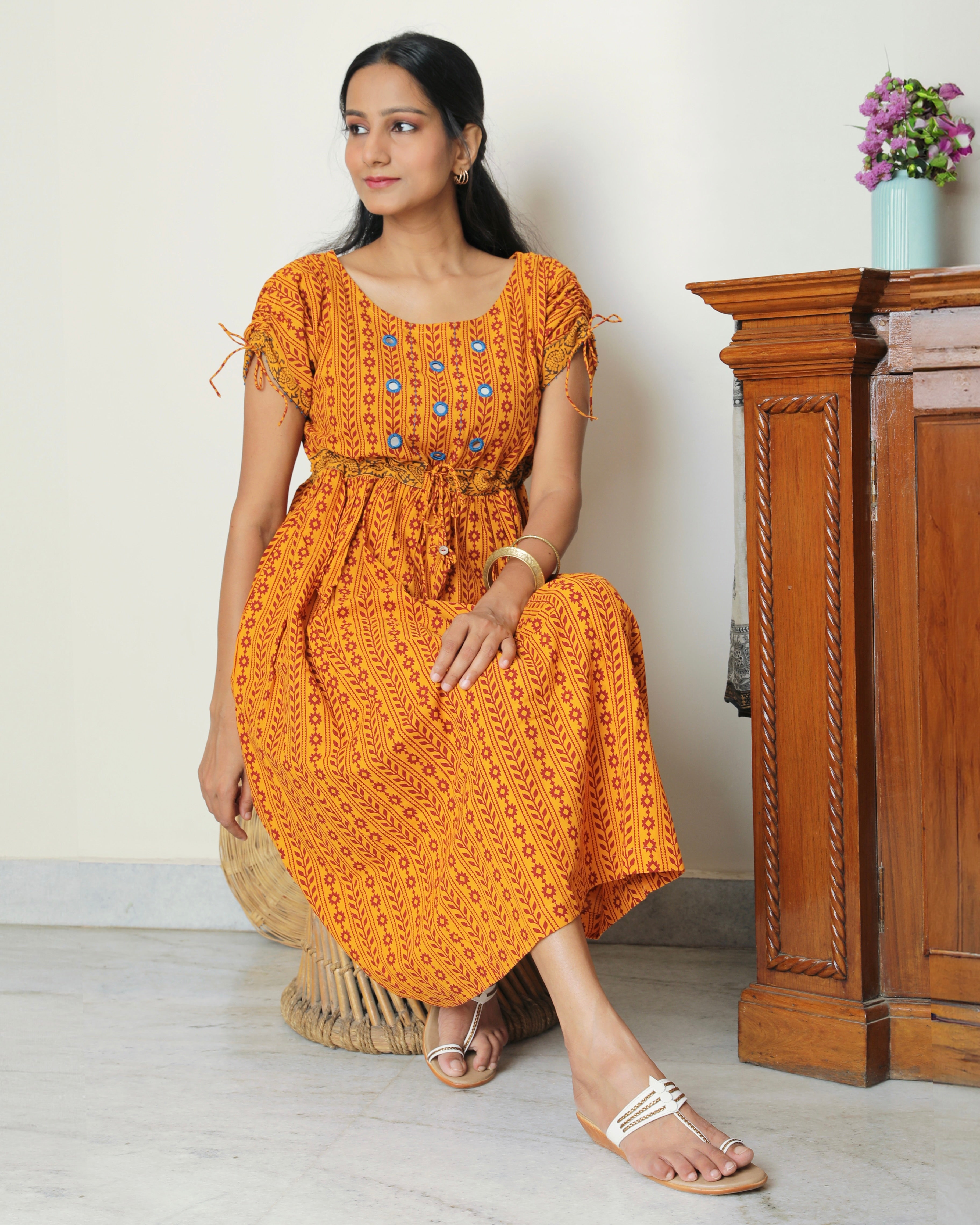 Yellow Bagh print midi dress from Bebaak