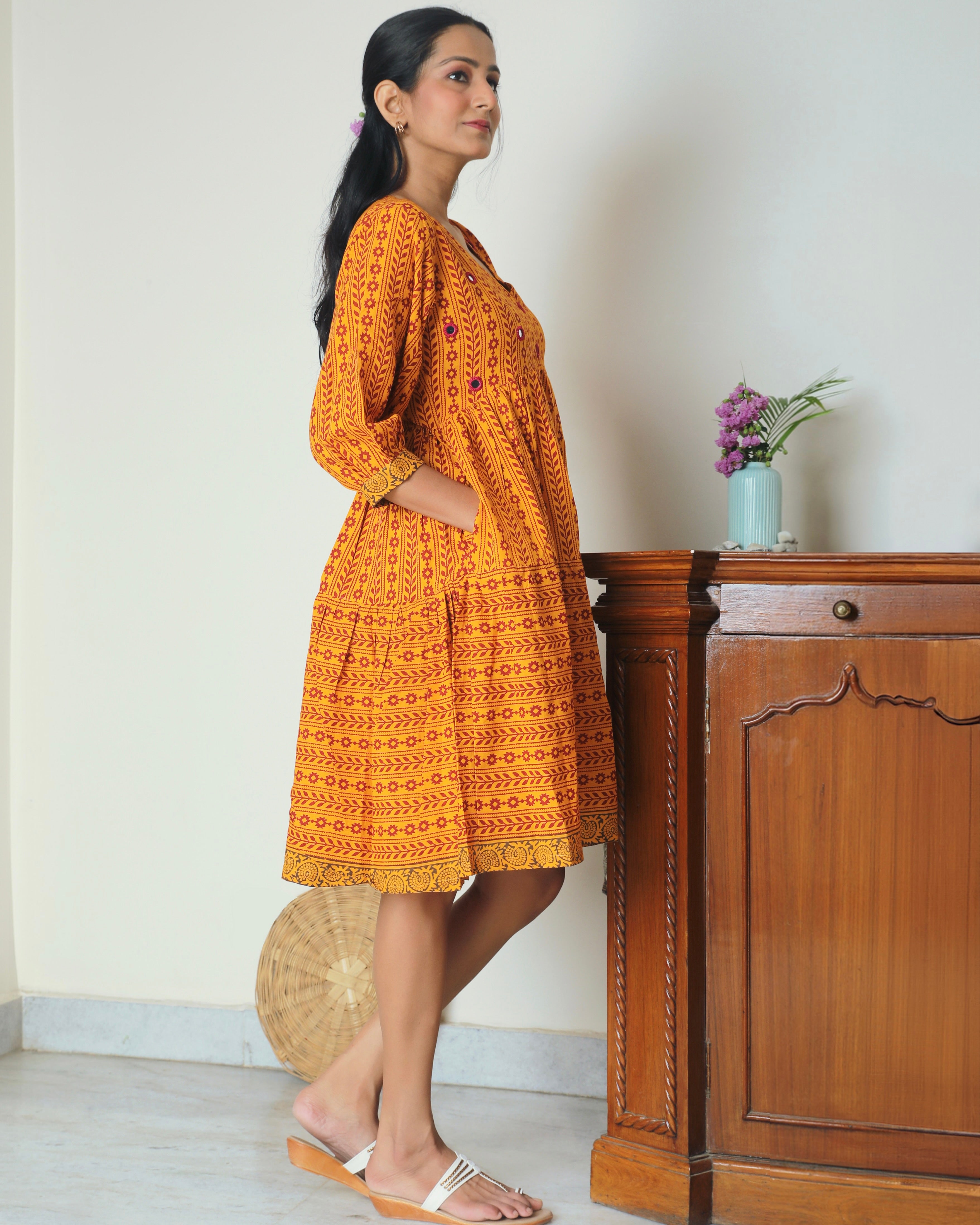 Yellow Bagh print tier short dress from Bebaak