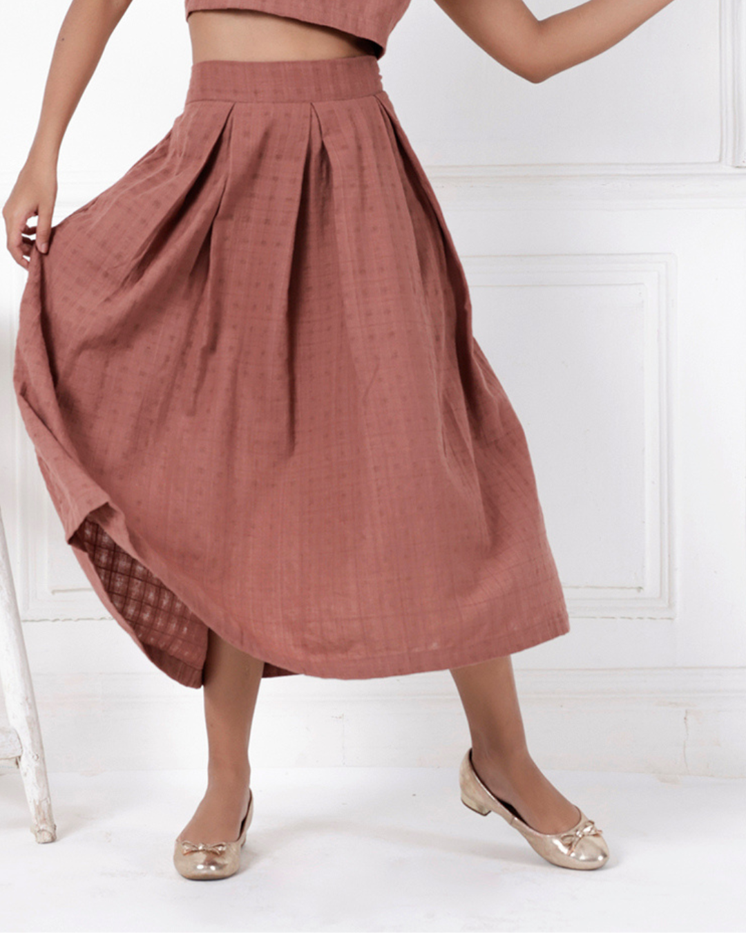 Brown box pleat cotton skirt online available at bebaakstudio.com 