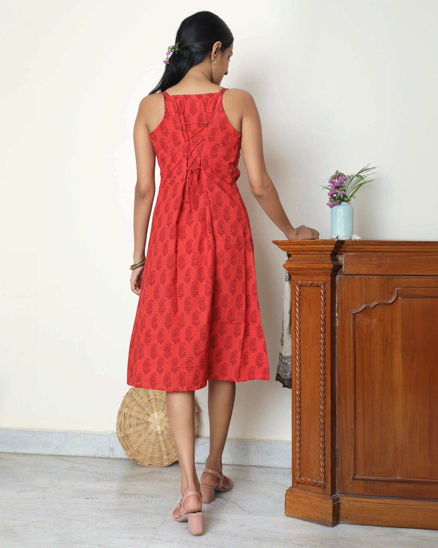 Red bagh block print casual dress online at bebaakstudio.com