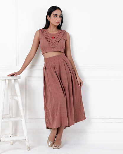 Brown box pleat cotton skirt online available at bebaakstudio.com 