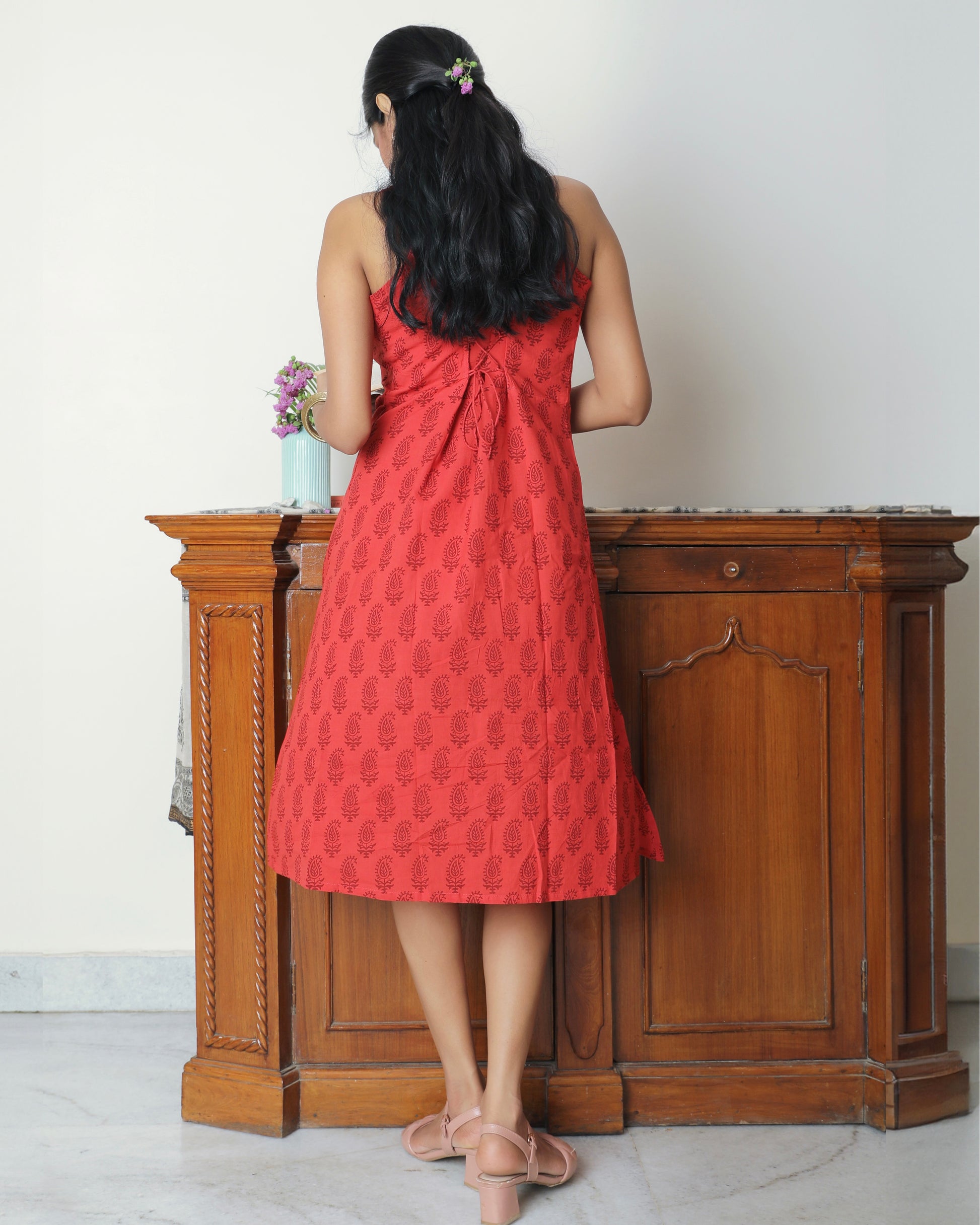 Red bagh block print casual dress online at bebaakstudio.com