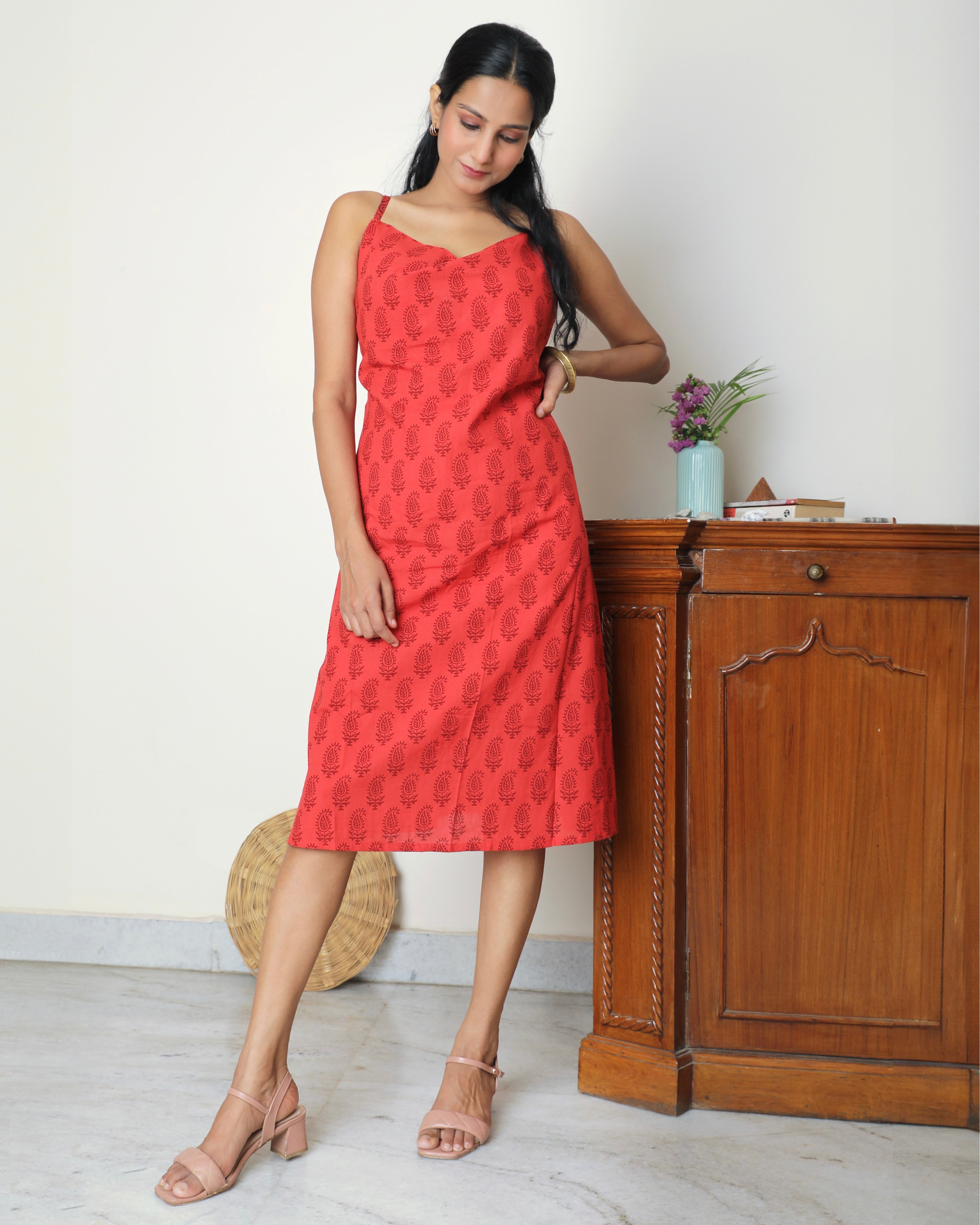 Red bagh block print casual dress online at bebaakstudio.com