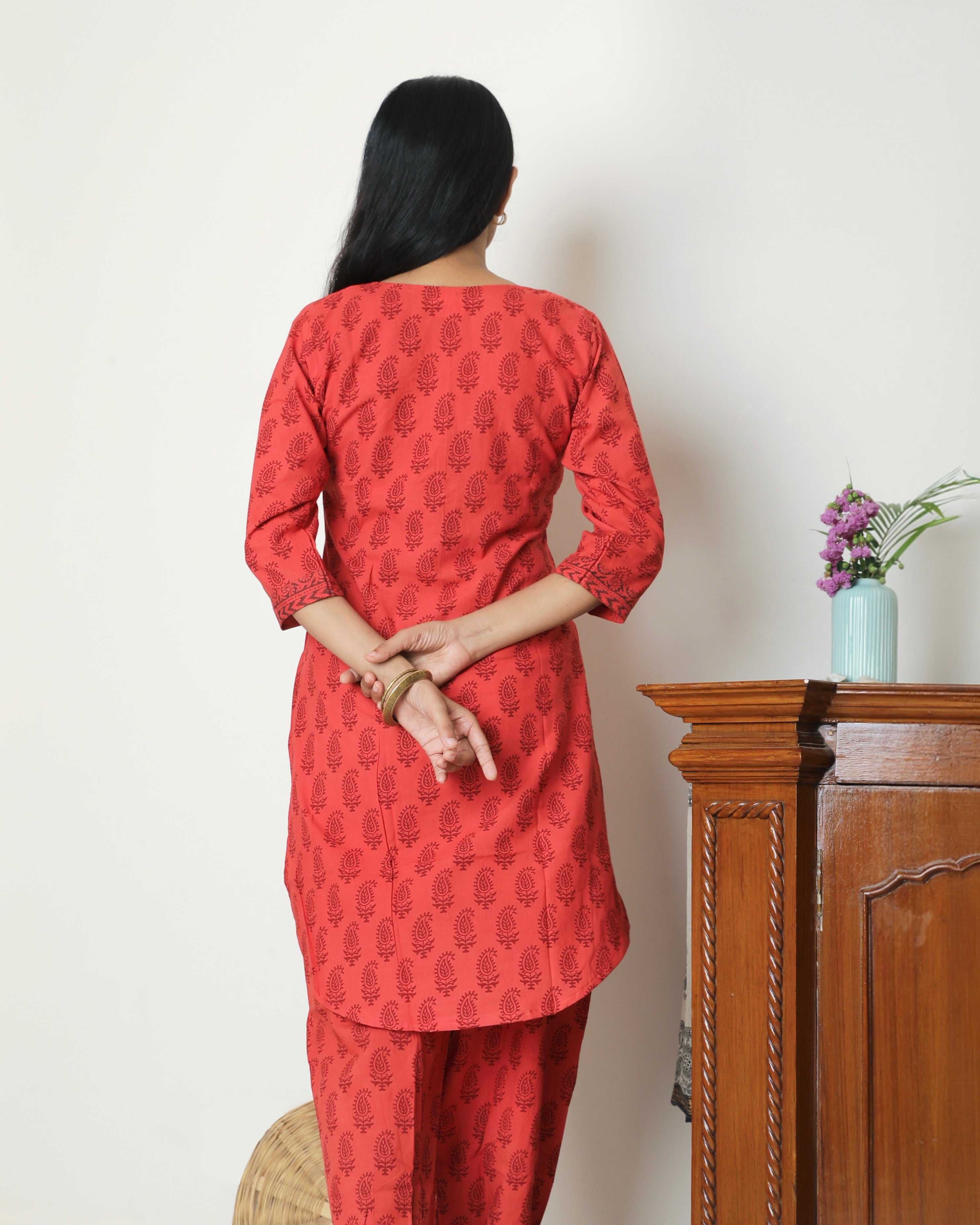 Red Bagh hand block print cotton kurta set