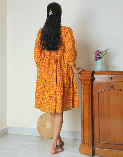 Yellow Bagh print tier short dress from Bebaak