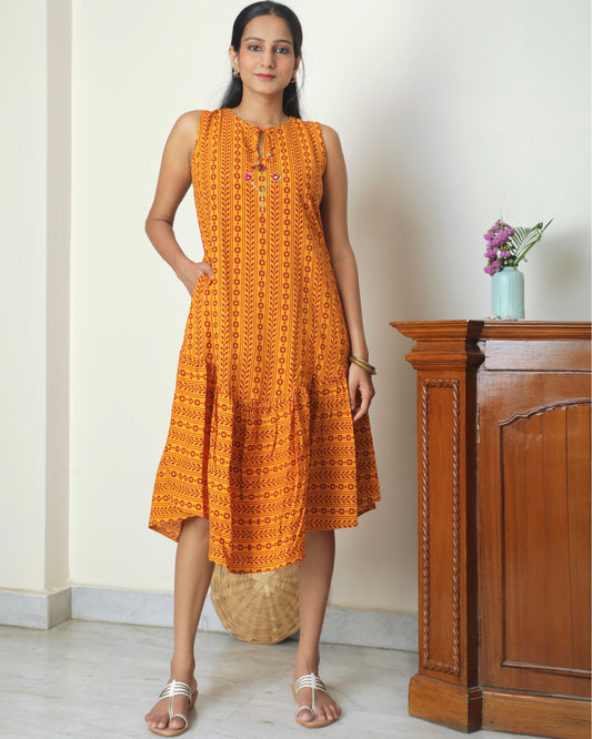 Yellow Bagh print A line dress from Bebaak