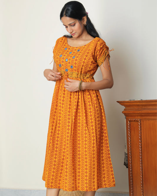 Yellow Bagh print midi dress from Bebaak