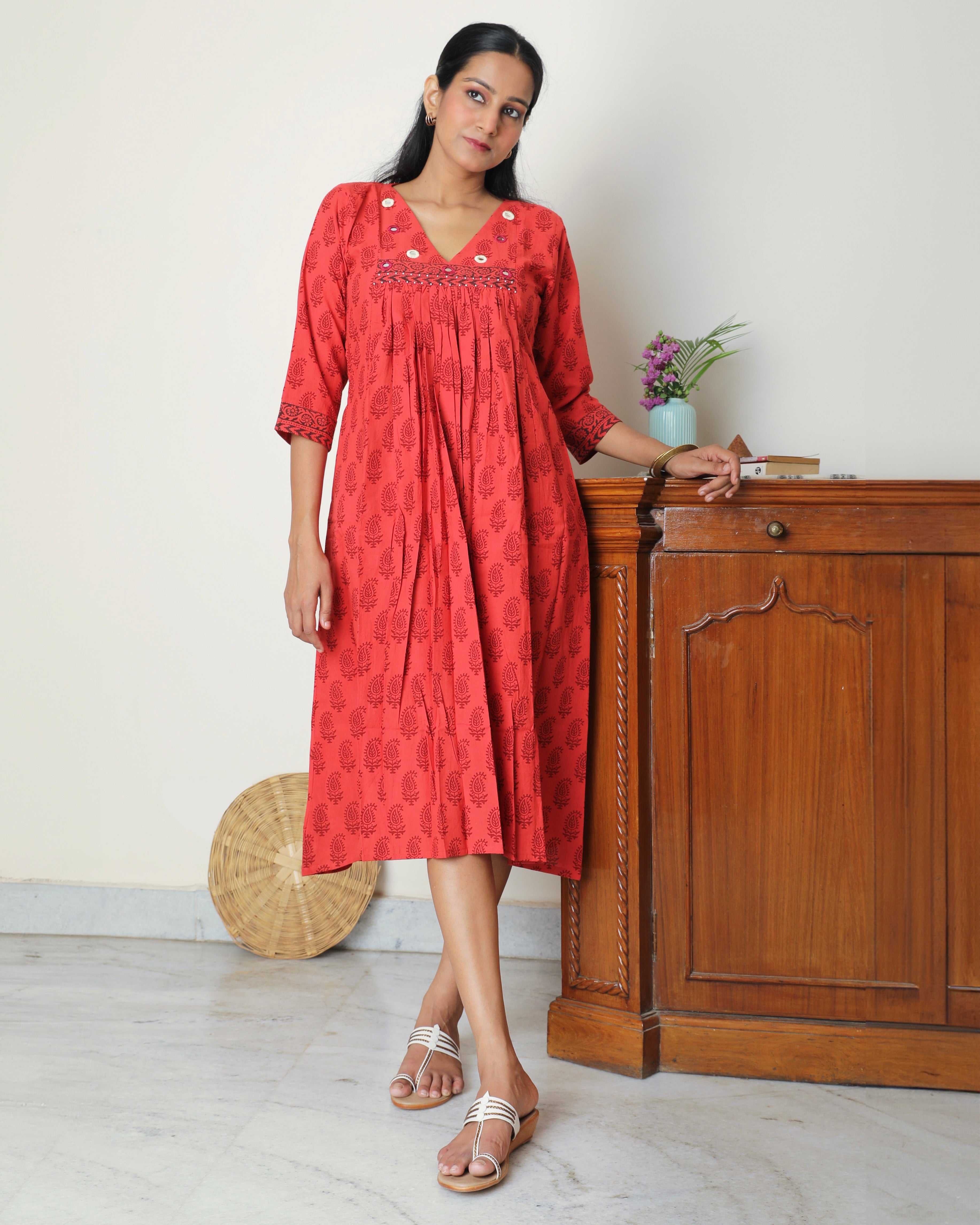 Red gathered bagh block print dress online at bebaakstudio.com