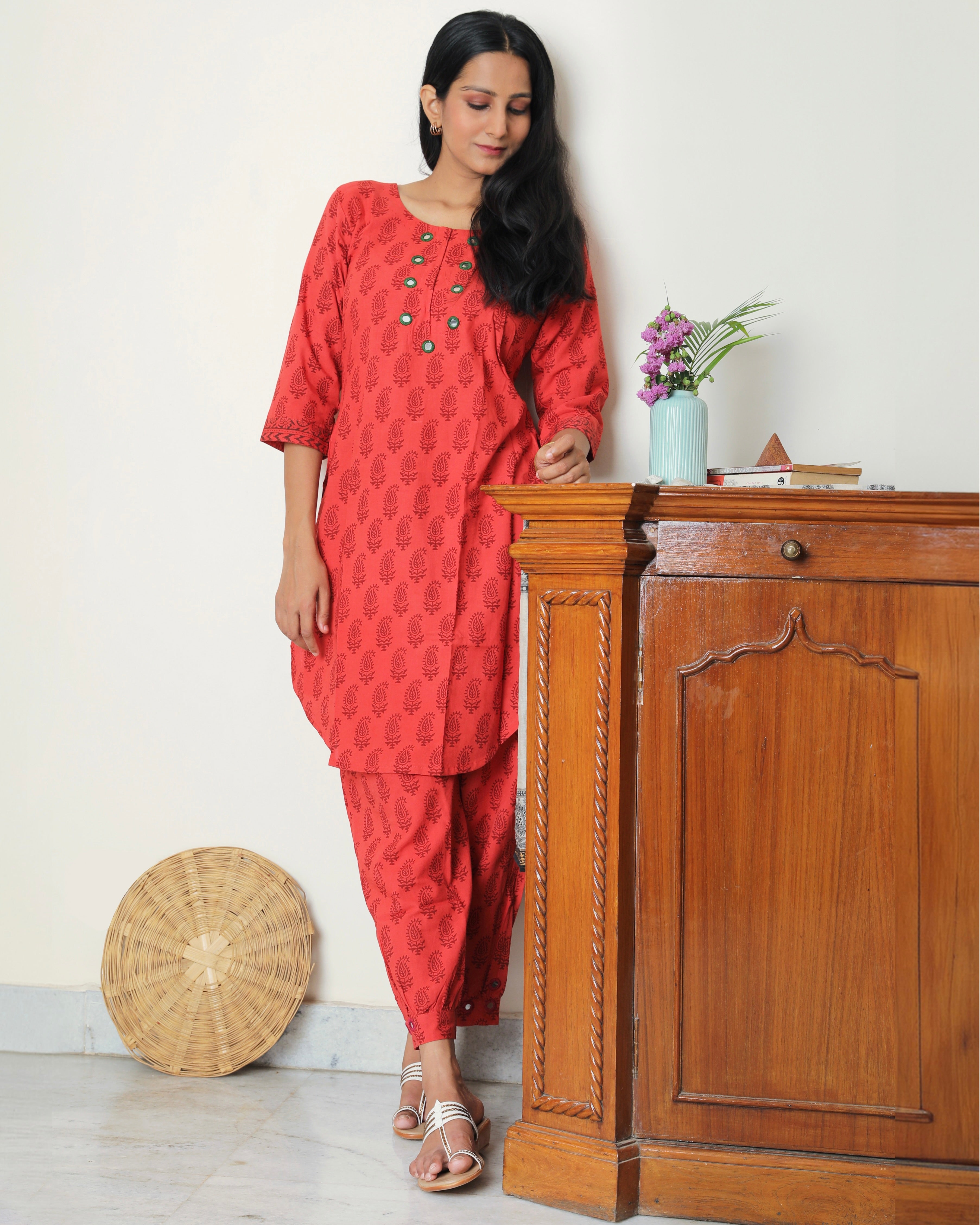 Red Bagh hand block print cotton kurta set