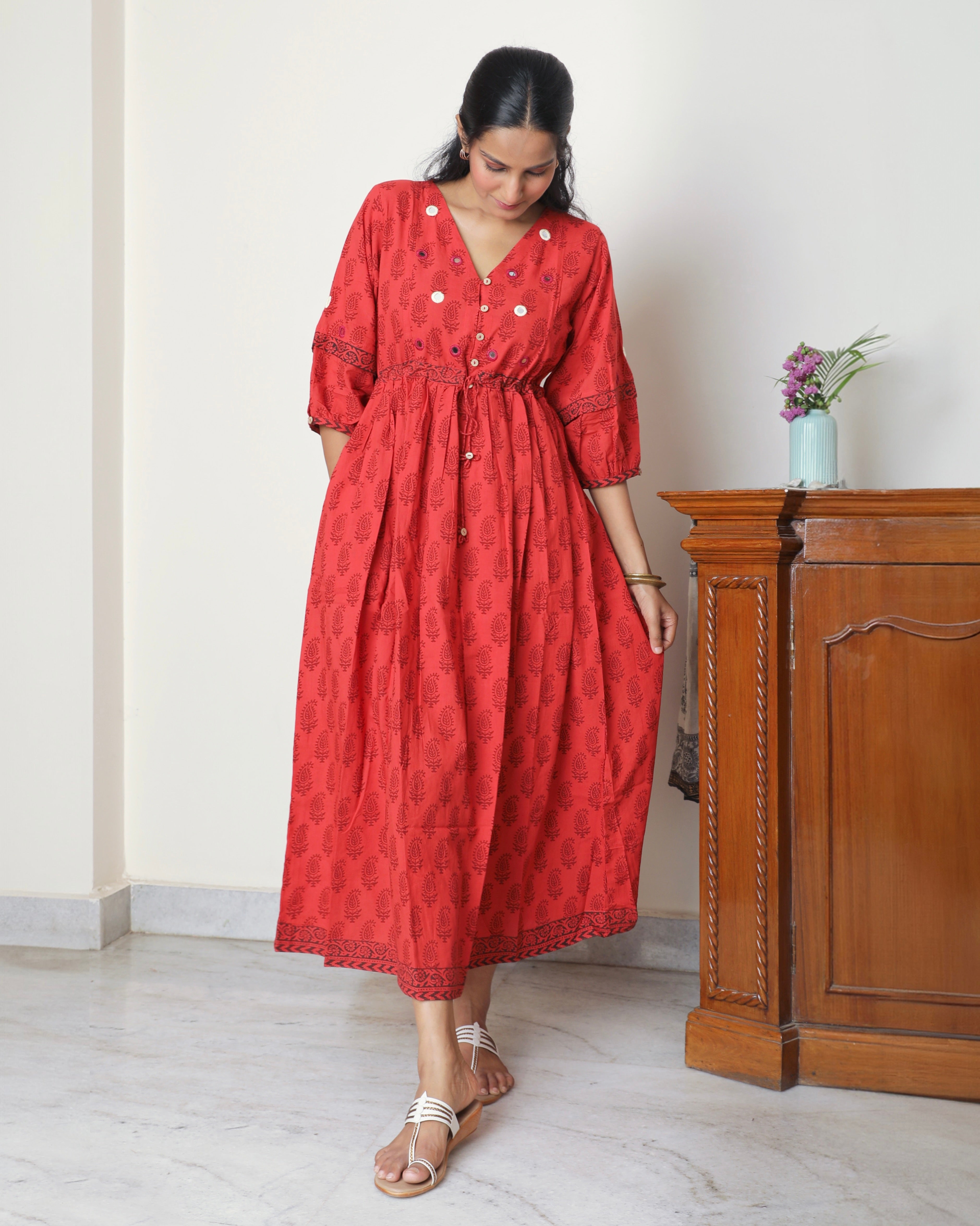 Red bagh print cotton maxi dress online at bebaakstudio.com