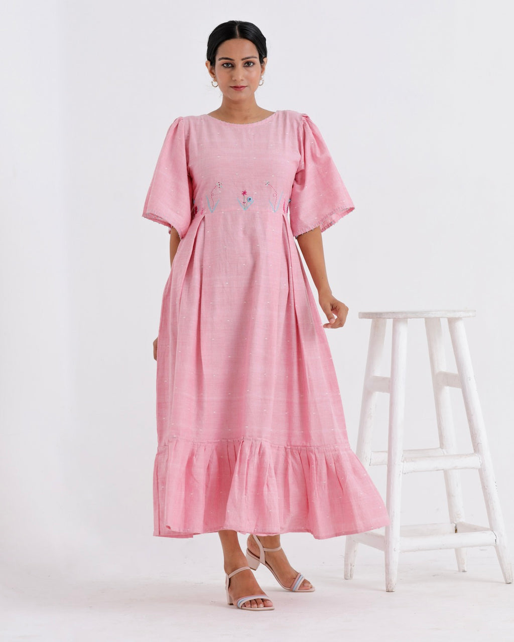 Baby pink maxi flounce dress online at bebaakstudio.com
