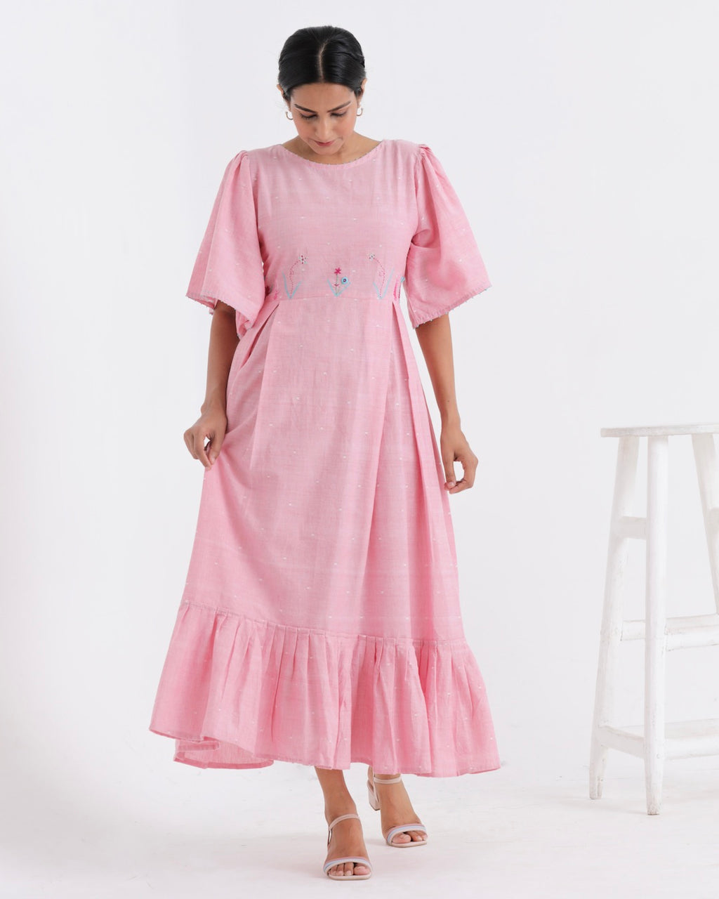 Baby pink maxi flounce dress online at bebaakstudio.com