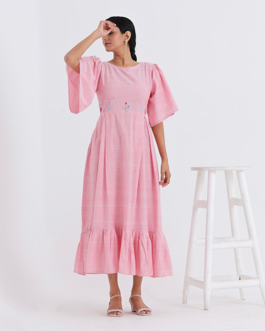 Baby pink maxi flounce dress online at bebaakstudio.com