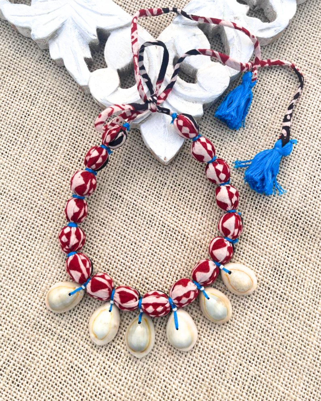 Textile Necklace with red and white beads 