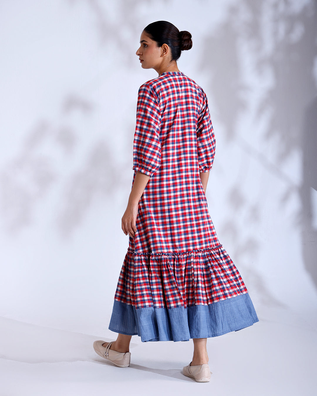 Baku Gingham Handwoven Cotton Flounce Dress