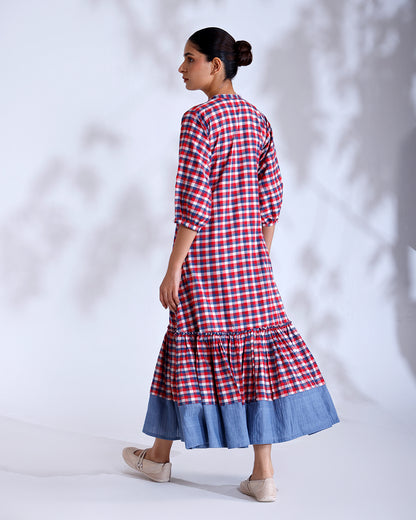 Baku Gingham Handwoven Cotton Flounce Dress