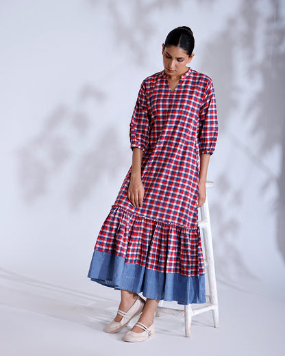 Baku Gingham Handwoven Cotton Flounce Dress