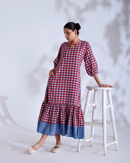 Baku Gingham Handwoven Cotton Flounce Dress